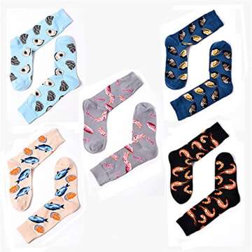 SherryDC Men's Seafood Pattern Cartoon Novelty Crazy Funny Casual Crew Socks 5-Pack