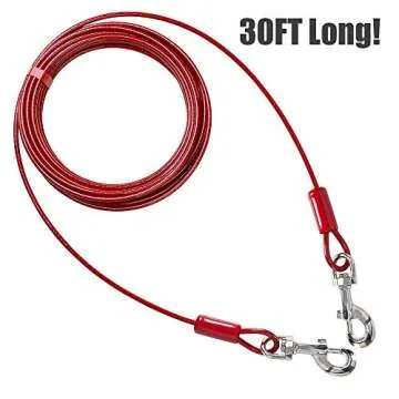BV Dog Tie Out Cable 30 Feet - Dog Leads for Yard Heavy Duty - Up to 125 Pounds | Tie Out Cable for Dogs, Reflective Dog Lead, Dog Cable 30ft | Rust Free Dog Chain Outdoor | Dog Chain for Yard (Red)