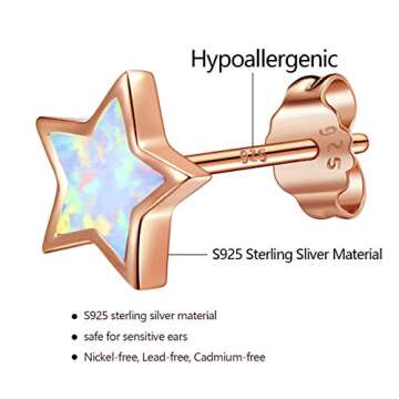 Rose Gold Star Earrings for Girls, Hypoallergenic Fire Opal Stud Earrings For Women ARSKRO S925 Sterling Sliver Little Small Tiny Cute Earring Jewelry Gifts for Sensitive Ears Kids