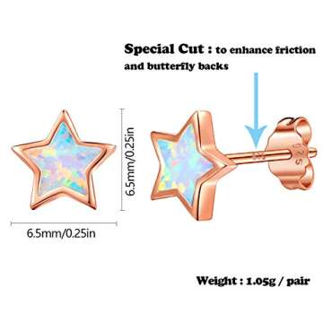 Rose Gold Star Earrings for Girls, Hypoallergenic Fire Opal Stud Earrings For Women ARSKRO S925 Sterling Sliver Little Small Tiny Cute Earring Jewelry Gifts for Sensitive Ears Kids