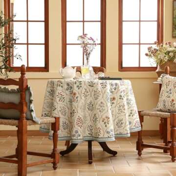 ISAENNE Floral Tablecloth for Round Tables,Linen Table Cloth with Colorful Flowers Pattern,Heavy Dur...
