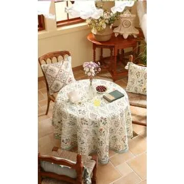 ISAENNE Floral Tablecloth for Round Tables,Linen Table Cloth with Colorful Flowers Pattern,Heavy Durable Table Cover for Dining Thanksgiving Kitchen Decor Party Christmas,Diameter 55"