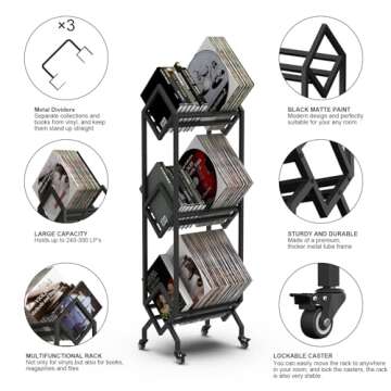 Simoretus 3 Tier Vinyl Record Storage Rack, Mobile Black Metal LP Storage Display Stand with Casters, Large Capacity Record Holder for Albums, Books, Magazines, and Office Files