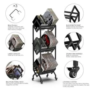 Simoretus 3 Tier Vinyl Record Storage Rack, Mobile Black Metal LP Storage Display Stand with Casters, Large Capacity Record Holder for Albums, Books, Magazines, and Office Files