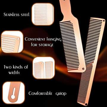 Patelai 2 Pcs Metal Comb for Men Stainless Steel Flat Top Clipper Comb for Men Women Salon, 2 Styles(Rose Gold)