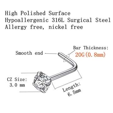 BLESSMYLOVE 6pcs 20g 3.0mm Clear CZ 316L Surgical Steel Silver Nose Studs Nostrial Piercing Body Jew...