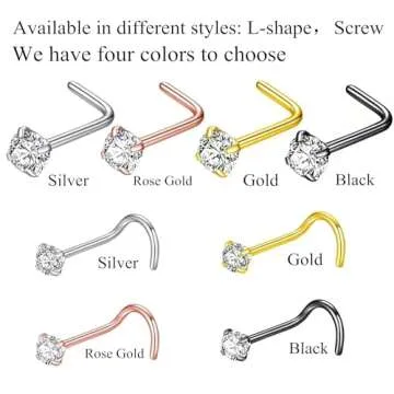 BLESSMYLOVE 6pcs 20g 3.0mm Clear CZ 316L Surgical Steel Silver Nose Studs Nostrial Piercing Body Jewerly L Shaped Studs for Women, Cubic Zirconia Stainless Steel Nose Rings