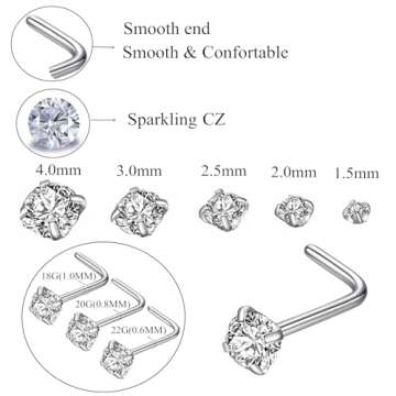 BLESSMYLOVE 6pcs 20g 3.0mm Clear CZ 316L Surgical Steel Silver Nose Studs Nostrial Piercing Body Jewerly L Shaped Studs for Women, Cubic Zirconia Stainless Steel Nose Rings