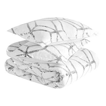 Comfort Spaces Vivian Comforter Set Ultra Soft All Season Lightweight Modern Geometric Glam Metallic Print Bedding, Matching Sham, Decorative Pillow, Twin/Twin XL, Geometric White/Silver