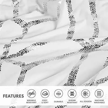 Comfort Spaces Vivian Comforter Set Ultra Soft All Season Lightweight Modern Geometric Glam Metallic Print Bedding, Matching Sham, Decorative Pillow, Twin/Twin XL, Geometric White/Silver