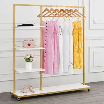 BOSURU Gold Clothes Racks with 4-Tier Wood Shelves, Modern Freestanding Gold Clothing Racks for Hang...