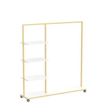 BOSURU Gold Clothes Racks with 4-Tier Wood Shelves, Modern Freestanding Gold Clothing Racks for Hanging Clothes Display Racks,Rolling Clothing Racks for Boutique, Cloth Store