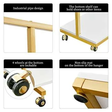 BOSURU Gold Clothes Racks with 4-Tier Wood Shelves, Modern Freestanding Gold Clothing Racks for Hanging Clothes Display Racks,Rolling Clothing Racks for Boutique, Cloth Store