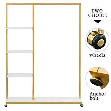 BOSURU Gold Clothes Racks with 4-Tier Wood Shelves, Modern Freestanding Gold Clothing Racks for Hanging Clothes Display Racks,Rolling Clothing Racks for Boutique, Cloth Store