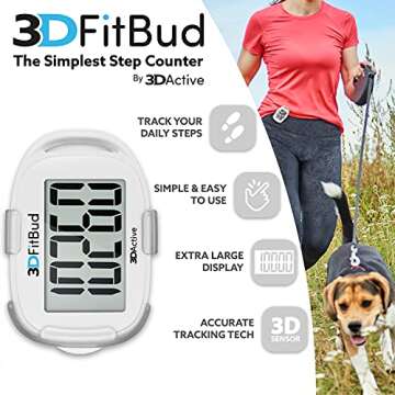 3DFitBud Simple Step Counter Walking 3D Pedometer from 3DActive with Clip & Lanyard - A420S - White