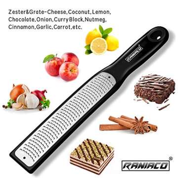 Raniaco Zester Stainless Steel Grater, Long Ergonomic Handle Cheese, Lemon, Ginger & Potato Zester with Plastic Cover, with Rubber Base (Black)