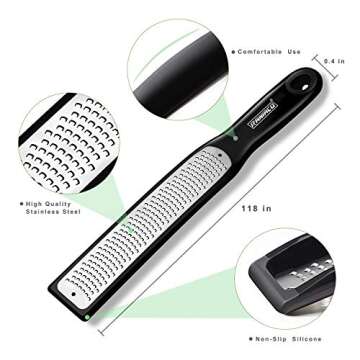 Raniaco Zester Stainless Steel Grater, Long Ergonomic Handle Cheese, Lemon, Ginger & Potato Zester with Plastic Cover, with Rubber Base (Black)