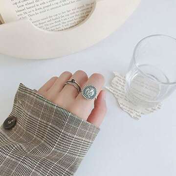 Antique Disc Carved Coin Open Statement Rings 925 Sterling Silver for Women Men Adjustable Fashion V...