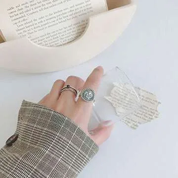 Antique Disc Carved Coin Open Ring 925 Sterling Silver Adjustable Fashion