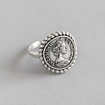 Antique Disc Carved Coin Open Ring 925 Sterling Silver Adjustable Fashion