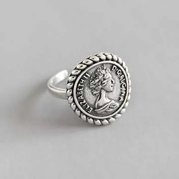 Antique Disc Carved Coin Open Ring 925 Sterling Silver Adjustable Fashion