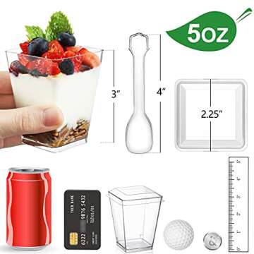 Eupako 50 Pack 5 oz Square Clear Plastic Dessert Cups with Lids and Spoons, Small Clear Tumbler Set,...