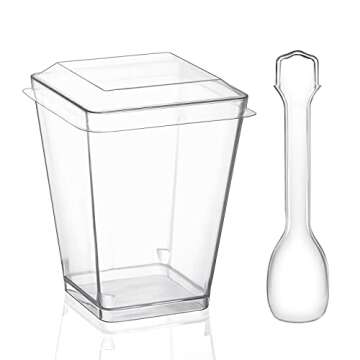 Eupako 50 Pack 5 oz Square Clear Plastic Dessert Cups with Lids and Spoons, Small Clear Tumbler Set, Appetizers, Puddings, Mousse and More