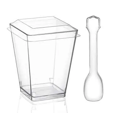 Eupako 50 Pack 5 oz Square Clear Plastic Dessert Cups with Lids and Spoons, Small Clear Tumbler Set, Appetizers, Puddings, Mousse and More