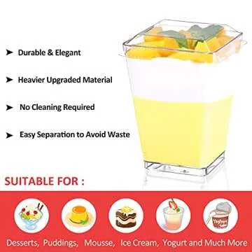 Eupako 50 Pack 5 oz Square Clear Plastic Dessert Cups with Lids and Spoons, Small Clear Tumbler Set, Appetizers, Puddings, Mousse and More