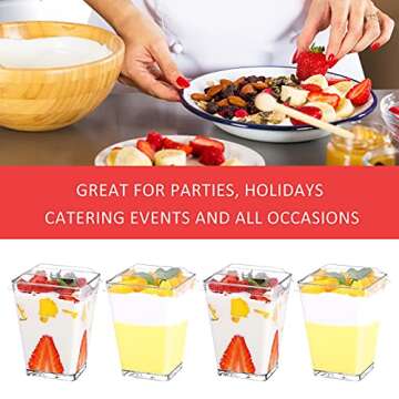 Eupako 50 Pack 5 oz Square Clear Plastic Dessert Cups with Lids and Spoons, Small Clear Tumbler Set, Appetizers, Puddings, Mousse and More