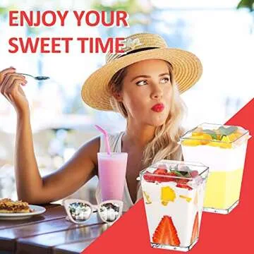 Eupako 50 Pack 5 oz Square Clear Plastic Dessert Cups with Lids and Spoons, Small Clear Tumbler Set, Appetizers, Puddings, Mousse and More