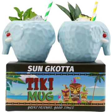 SUN GKOTTA Ceramic Elephant Tiki Mug Set of 2 - Unique Cocktail Glasses for Parties