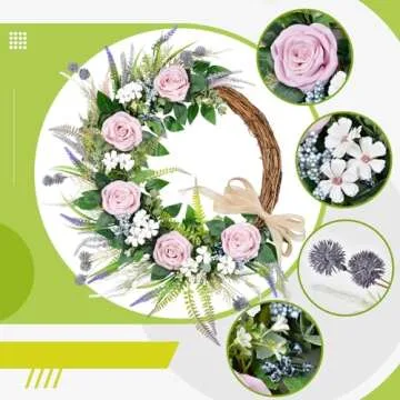 TechKen Spring Door Wreath, Pink Rose and Lavender Design