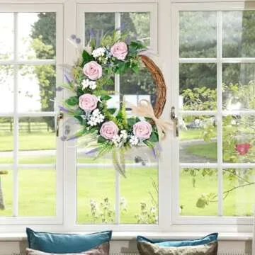 TechKen Spring Door Wreath, Pink Rose and Lavender Design