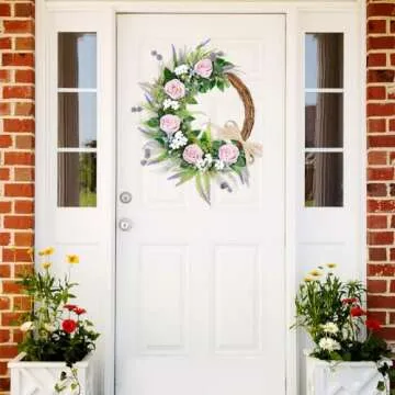 TechKen Spring Door Wreath, Pink Rose and Lavender Design
