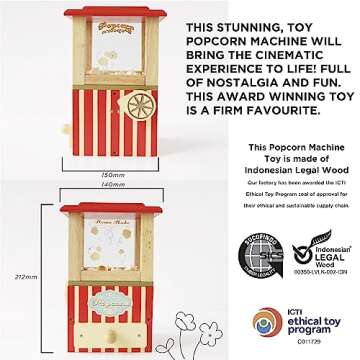 Le Toy Van - Wooden Honeybake Retro Popcorn Machine | Cinema, Kitchen Or Movies Pretend Play | Movie Night Role Kids Play Toy