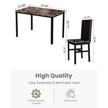 DKLGG Dining Table Set for 4, 5 Piece Kitchen Table Set with PU Leather Chairs Space-Saving Faux Marble Dining Room Table Set for 4 for Small Home Kitchen, Apartment