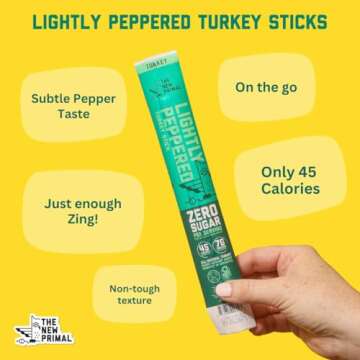 The New Primal Lightly Peppered Turkey Sticks, Keto, Gluten Free Healthy Snacks, Sugar Free Low Carb High Protein, Jerky Meat Stick, 7g Protein, 20 Ct