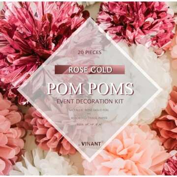 20 PCS Pink Rose Gold Party Decoration - Tissue Paper Pom Poms - Birthday Party Decoration - Baby Shower - Bridal Shower - Rose Gold, Dusty Rose, Blush Pink, Grey - 14”, 10”, 8”, 6"