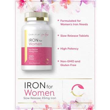 Carlyle Iron Supplement for Women | 45mg | 200 Slow Release Tablets | Vegetarian, Non-GMO, Gluten Free Pills | for Her