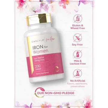 Carlyle Iron Supplement for Women | 45mg | 200 Slow Release Tablets | Vegetarian, Non-GMO, Gluten Free Pills | for Her