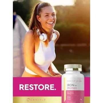 Carlyle Iron Supplement for Women | 45mg | 200 Slow Release Tablets | Vegetarian, Non-GMO, Gluten Free Pills | for Her