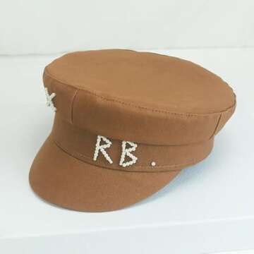 THEPOS Women RB Letter Militray Hat Fashion Streetwear Navy Hat Adjustable Flat Top Newsboy Caps Casual Visor Hats (Color : Black, Size : One Size)