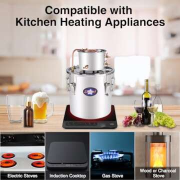 Seeutek Alcohol Still 5Gal 18L Stainless Steel Water Alcohol Distiller Kit Spirits Boiler Copper Tube Ethanol Still Build-In Thermometer for Home Brewing and DIY Whisky Wine Brandy Making