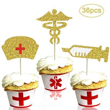 Nursing Cupcake Toppers - Nurse Graduation Cupcake Toppers - Medical RN BSN Nurse Week Themed Party Supplies - Nursing Cupcake Decorations - Gold Glitter, 36PCS