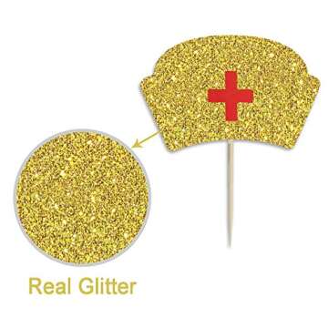 Nursing Cupcake Toppers - Nurse Graduation Cupcake Toppers - Medical RN BSN Nurse Week Themed Party Supplies - Nursing Cupcake Decorations - Gold Glitter, 36PCS