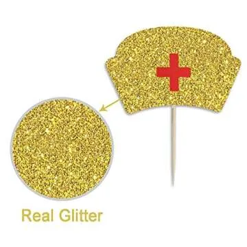 Nursing Cupcake Toppers - Nurse Graduation Cupcake Toppers - Medical RN BSN Nurse Week Themed Party Supplies - Nursing Cupcake Decorations - Gold Glitter, 36PCS