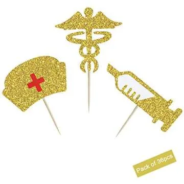 Nursing Cupcake Toppers - Nurse Graduation Cupcake Toppers - Medical RN BSN Nurse Week Themed Party Supplies - Nursing Cupcake Decorations - Gold Glitter, 36PCS
