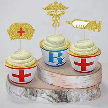 Nursing Cupcake Toppers - Nurse Graduation Cupcake Toppers - Medical RN BSN Nurse Week Themed Party Supplies - Nursing Cupcake Decorations - Gold Glitter, 36PCS