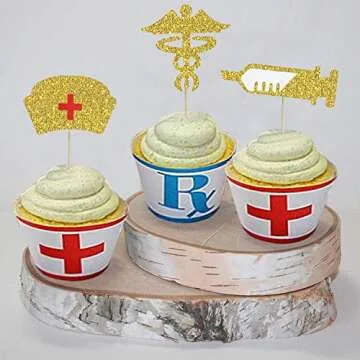 Nursing Cupcake Toppers - Nurse Graduation Cupcake Toppers - Medical RN BSN Nurse Week Themed Party Supplies - Nursing Cupcake Decorations - Gold Glitter, 36PCS